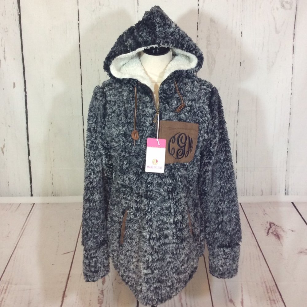 NWT Marley Lilly SUPER SOFT Heathered Sherpa Suede Hoodie MONOGRAMMED S/M‎